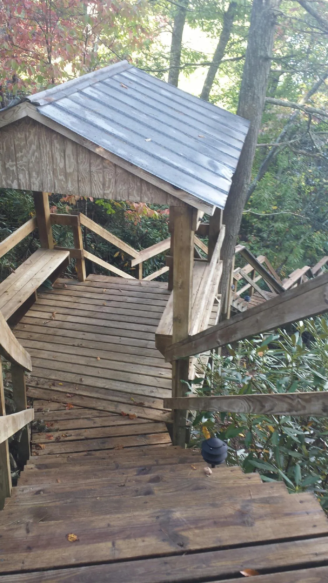 Metal roofed shelter over wooden steps on a wooded walkway — Skylight Repair & Installation work by our crew in Morse Bluff